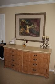 Light Wood Master Bedroom in Very Good Condition with Decorative Items and Art