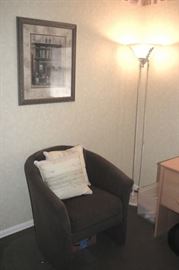 Chair, Accent Pillows, Floor Lamp and Art