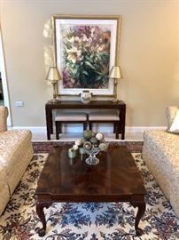Drexel Heritage coffee table and console with two benches beneath. And another gorgeous rug!