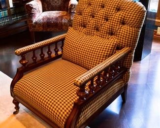 Modified club chair with fabric upholstery