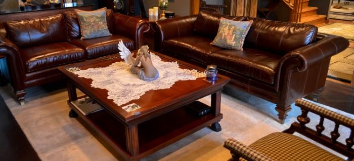 Ralph Lauren couch and loveseat leather, walnut coffee table