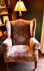 Ralph Lauren chair wingback with fabric upholstery and floor lamp