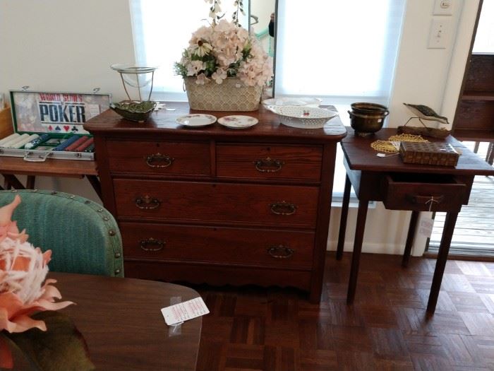 Great handcrafted table with drawer; dresser without mirror; florals.