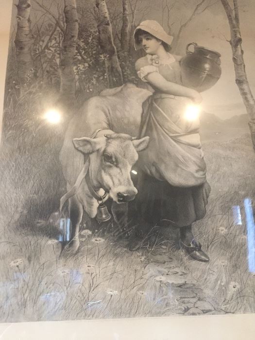  Lithograph  from the 1800s from Germany  -German lady with  cow 
The frame is handmade all handcarved