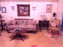 Antique sofa, chocolate table, oil painting