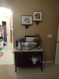 Antique walnut wash stand with marble top and tiles