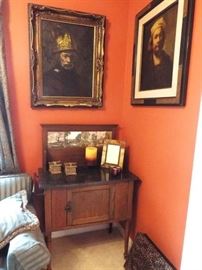 Antique Oak wash stand with hand painted tiles