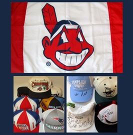 Cleveland Indians Flag and Signed and Unsigned Ball Caps; Golf Cap Signed by Tom Lehman (1996 British Open Winner), Jay Haas, Dan Forsman, Hal Sutton (1983 PGA Winner) Mark McCumber, D.A. Weibring, Billy Mayfair and More