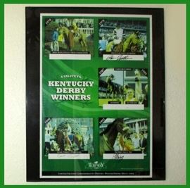 Framed Kentucky Derby Winners with Signatures; Mike Mangenello Riding Dust Commander, Steve Cauthen Riding Affirmed, (Affirmed was the 11th Triple Crown Winner), Pat Day Riding Lil E. Tee, Craig Perret Riding Unbridled, Chris McCarron Riding Alysheba and Go For Gin
