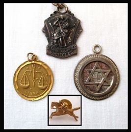 Gold Libra Pendant, Gold Jockey Tie Pin and 2 Sterling Pendants 