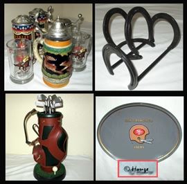 Small Sample of the Beer Stein Collection, Horseshoe bookends, Golf Bag Telephone and San Francisco Forty Niner's Signed Plate 