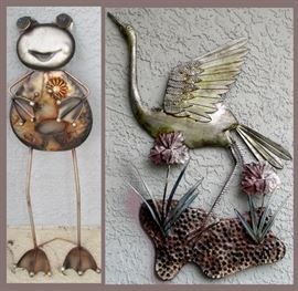 Metal Frog and Bird Sculptures 