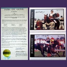  Signed Cards by Braulio Baeza Riding Chateaugay and Jean Cruguet Riding the Famous Seattle Slew-Triple Crown Winner in 1977, the 10th Horse to win the Triple Crown, and Parma City Council Certificate 