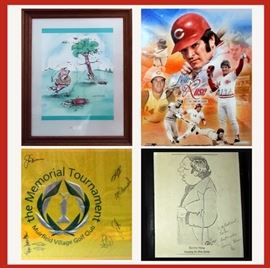 Pete Rose Signed Photo, Signed Memorial Tournament Flag by Todd Hamilton (2004 British Open Winner) and more,  Gary Patterson "Gotcha" Golf Illustration and Signed Sonny Hine (Hall of Fame Thoroughbred Horse Trainer) Sketch 
