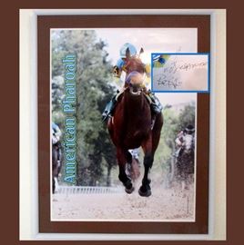 Rare Signed Victor Espinoza & Bob Baffert Framed Photo of Victor Espinoza Riding American Pharoah 