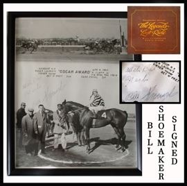 Bill Shoemaker Signed Photo, Bill (Willie) Shoemaker held the world record for total professional jockey victories for 29 Years. This photo is accompanied by "The Legend's Last Ride", an pictorial account of Bill Shoemaker's Last Race