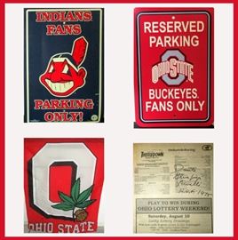Cleveland Indian Sign, Ohio State Sign and Flag and Signed Racing Program