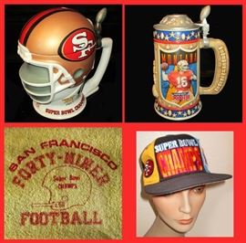Signed Joe Montana Stein, 49er Helmet Stein, 49er Towel and Super Bowl Cap 