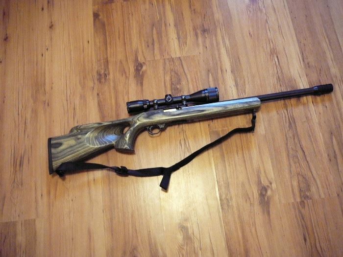 Ruger 10/22 with laminate thumbhole stock - bushnell scope - bull barrell !