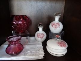 Fenton Cranberry glass and Czech perfume bottles and powder container