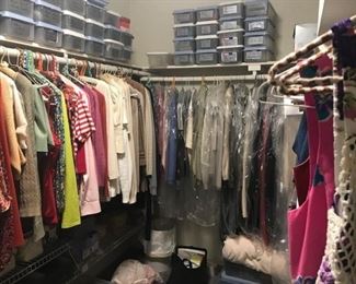 •	A FULL BEDROOM with Walk in Closet of vintage clothing and designer clothing, shoes and handbags. Some Designer Brands include: St. John, Escada, Burberry’s, LA Gear (80’s), Ralph Lauren, Bill Blass, Lilly Pulzar, Saks 5th Ave, London Fog, etc…