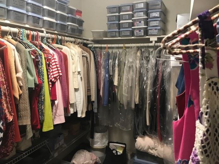 •	A FULL BEDROOM with Walk in Closet of vintage clothing and designer clothing, shoes and handbags. Some Designer Brands include: St. John, Escada, Burberry’s, LA Gear (80’s), Ralph Lauren, Bill Blass, Lilly Pulzar, Saks 5th Ave, London Fog, etc…