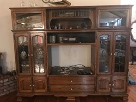 •	Wood and glass 1970s entertainment center
•	Antique brass and marble scale
