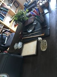 wood office desk and vintage office supplies