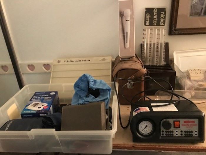 • Entire Room of state-of-the-art Handicap equipment including a $3000.00 M300 Permobil leather motorized wheelchair, new wheelchairs, bathroom wheelchair, home batching and bed devices for handicap, blood pressure machine, home medical devices and equipment