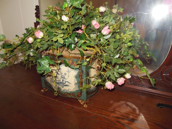 Stunning Floral Arrangement/Gorgeous Hand Painted Footed Container