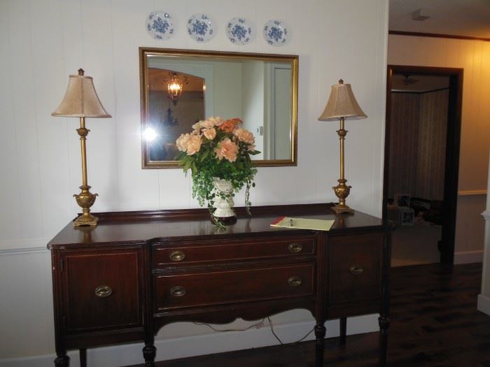 Wonderful Old Sideboard/Large Floral/Mirror and Pair of Lamps