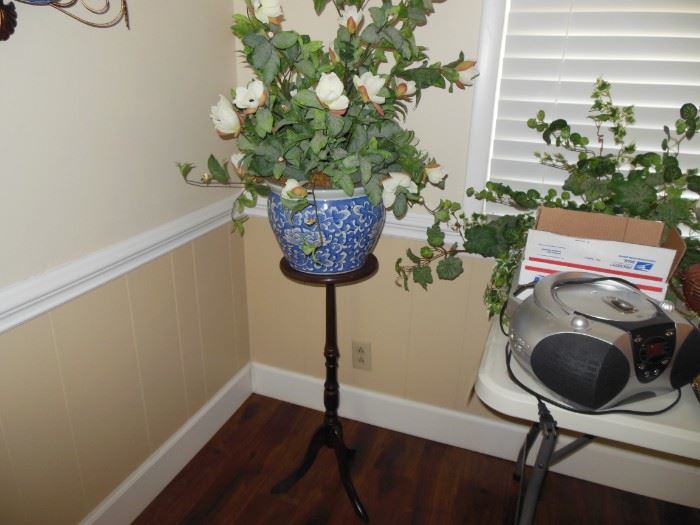Plant Stand and Blue and White Porcelain Container and Large Floral
