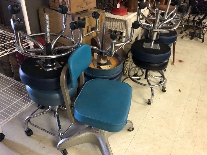 Vintage office chair with wheels, and Vintage  Medical Work stools; (Adjustable, rolling)