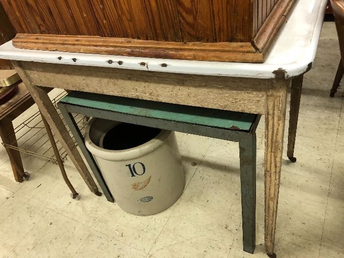 #10 crock; vintage tables