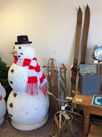 5 ft snowman statue; vintage sled, skiis, tricycle