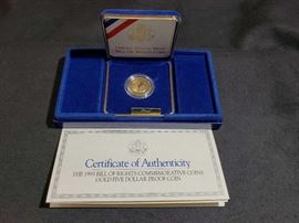 #455: THE 1993 BILL OF RIGHTS COMMEMORATIVE GOLD FIVE DOLLAR PROOF COIN WITH COA TOTAL OVERALL GOLD WEIGHT= 8.359 GRAMS OF .900
THE 1993 BILL OF RIGHTS COMMEMORATIVE GOLD FIVE DOLLAR PROOF COIN WITH COA TOTAL OVERALL GOLD WEIGHT= 8.359 GRAMS OF .900