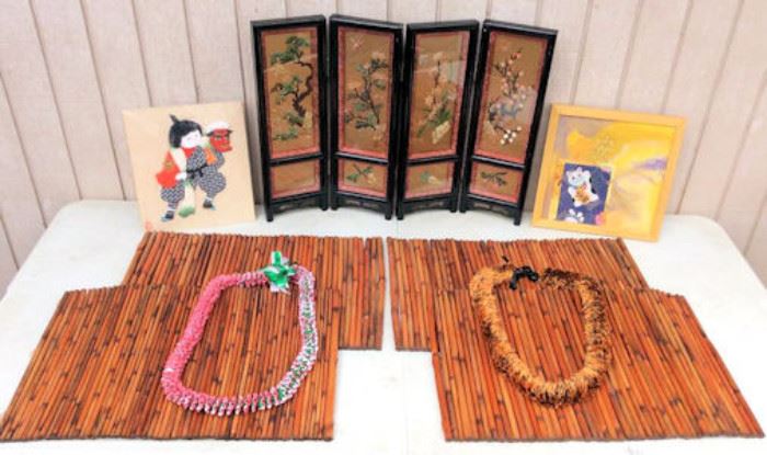 ESS048 Four Panel Miniature Divider Art & Two Japanese Art Pieces