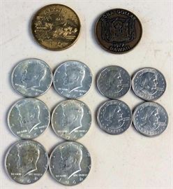 ESS136 Hawaii Coins, 1964 Silver Half Dollars & 1979 Susan B Anthony