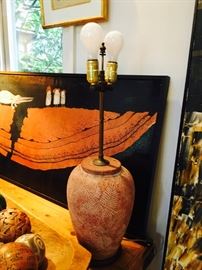 Custom made, vintage clay pot lamp with double lights
