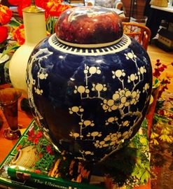 Antique/Vintage Blue and White Oriental Vase with Lid