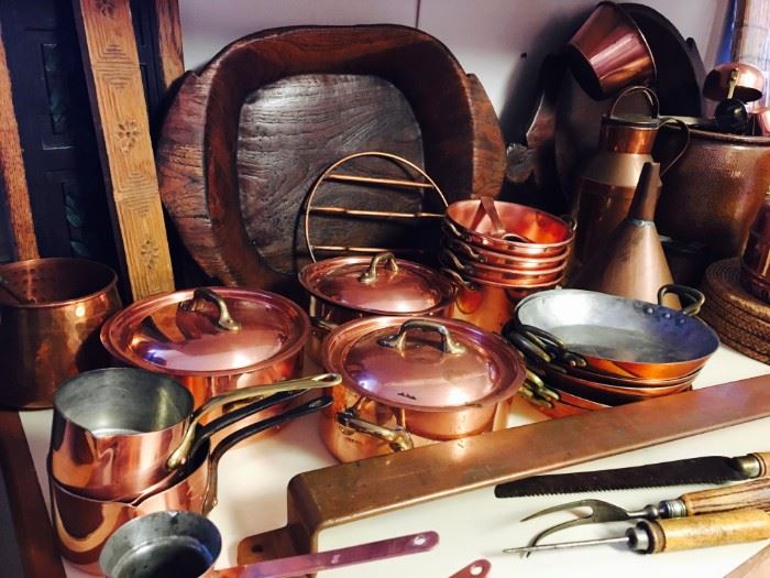 Vintage set of French copper pots plus antique carved wood platters/bowls
