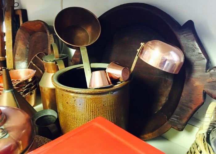 Copper Ladles and vintage pottery