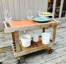 Vintage Teak Bar Cart on wheels with tile top, great condition!