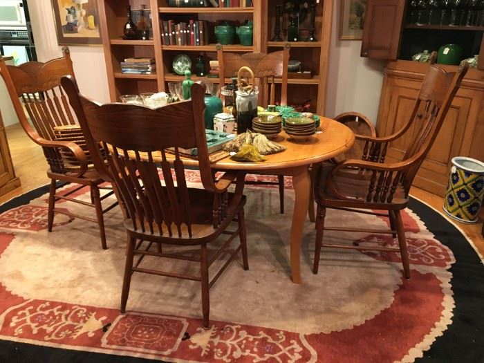 Set of four large antique chairs and vintage chinese carpet