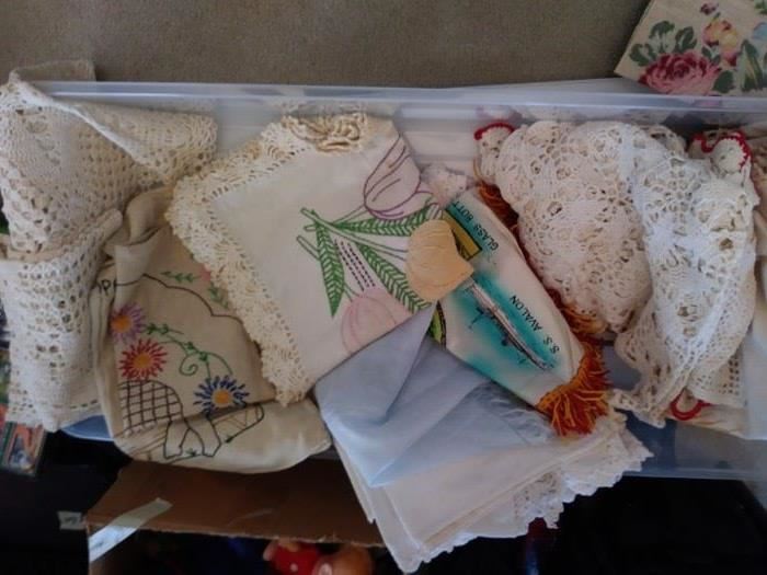 Many vintage runners/table clothes/crocheted items