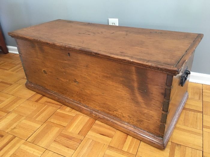 Antique 19th century solid pine, dovetailed blanket box or wedding box.  Very good condition.  Original key and handwritten note attributing gift.  Dimensions: 44 x 18.5 x 17.5.