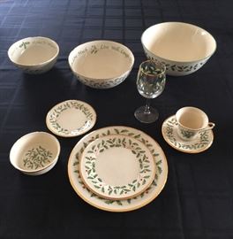 Lenox holiday fine china.  Five-piece place settings, wine glasses and serving bowls.