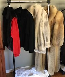 Men's or women's mink and ultrasuede jackets with reversible vests.  Vests can be worn separately.  One red, one black.  Size Large.  Women's white mink hip-length jacket with fox collar (medium/large).  Women's Golden Island Fox full-length coat (medium/large).