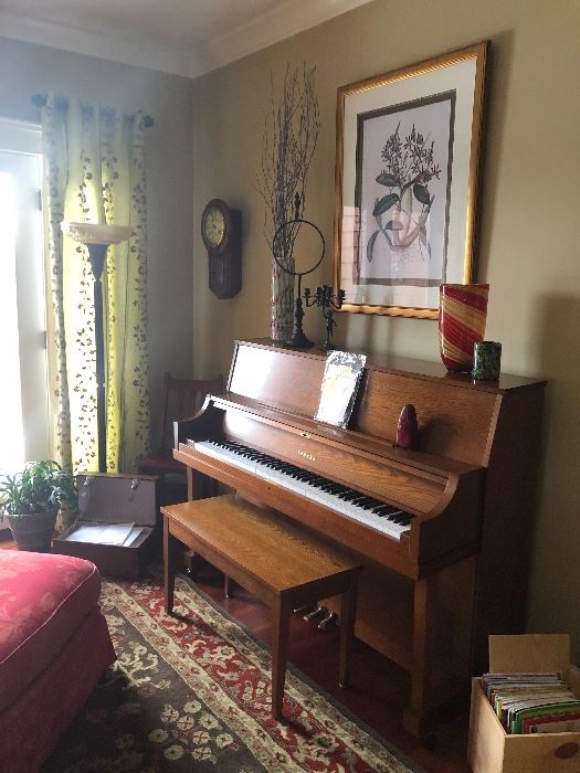 Yamaha upright piano, regulator clock, floor lamp art, Restoration Hardware rug and more