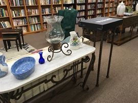 N.S. Gustin Pottery atop lovely marble top console. 
